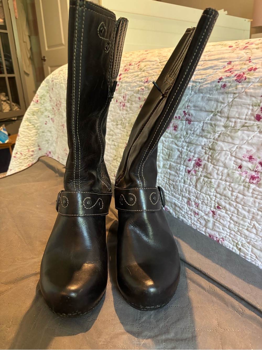 Dansk Black Leather Mid-Calf Lace-Up Boots with Decorative Strap